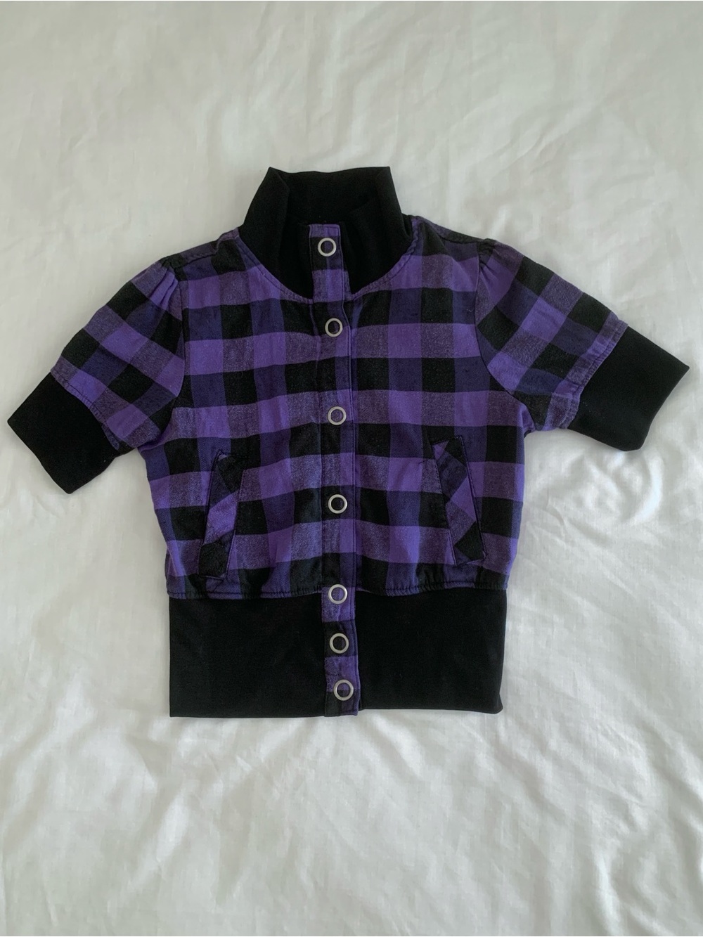 Drama Gold Vintage Plaid Cropped Bomber Jacket Short Sleeve Purple Black L